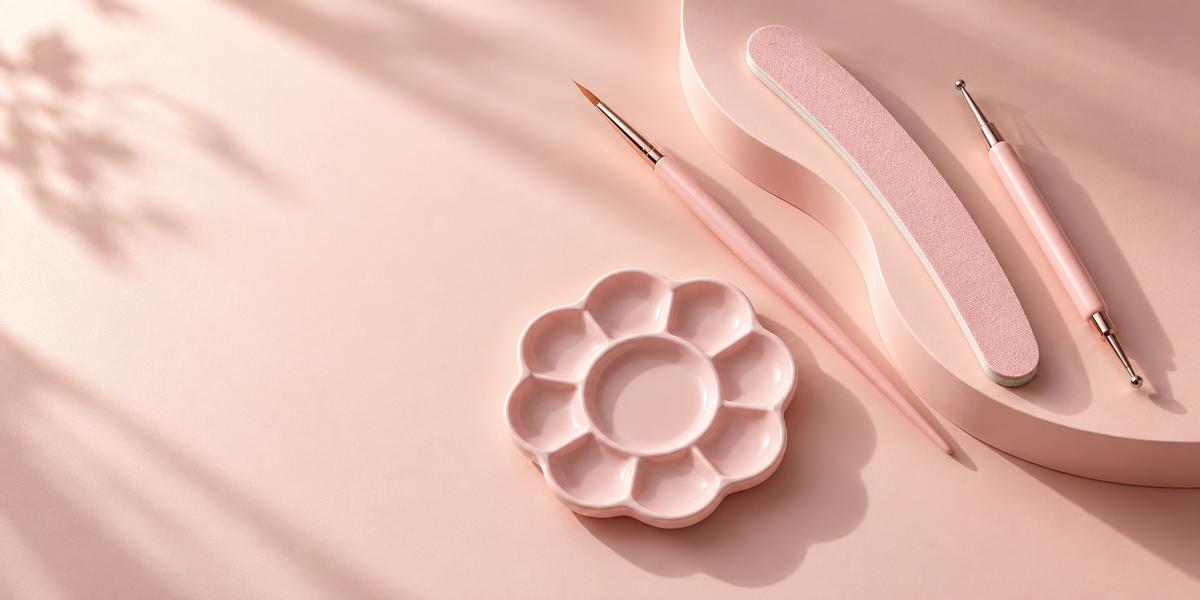 Generated illustration of a pink manicure workspace with nail art tools